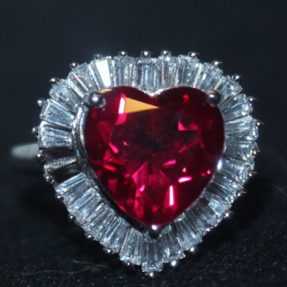 925 Sterling Genuine Heart Ruby Surrounded by CZ Baguettes Statement Ring - Picture 4 of 6